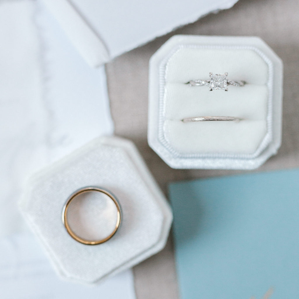 White Two Slot Square Octagon Velvet Ring Box