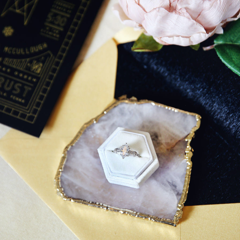 White Hexagon Velvet Ring Box